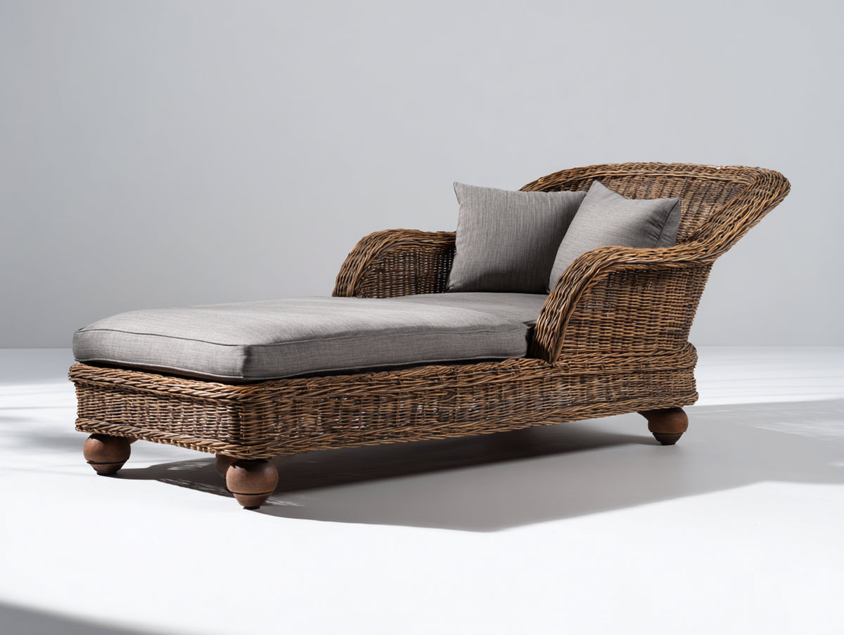 Bain de soleil - Rotin-Tissu - 186 x 86 x 89 cm - Brun naturel-Gris - Colonial
