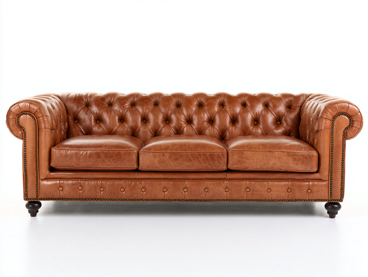 Canapé 3 places - Cuir - 222 x 96 x 79 cm - Cognac - Style Chesterfield classique