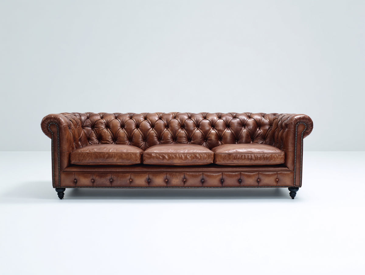 Canapé 3 places - Cuir - 224 x 92 x 78 cm - Marron - Style Chesterfield classique