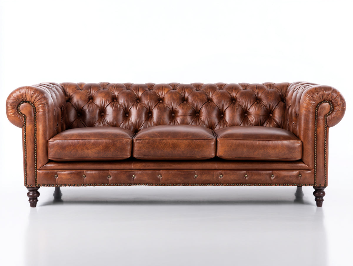 Canapé 3 places - Cuir - 219 x 95 x 78 cm - Marron cognac - Style Chesterfield vintage