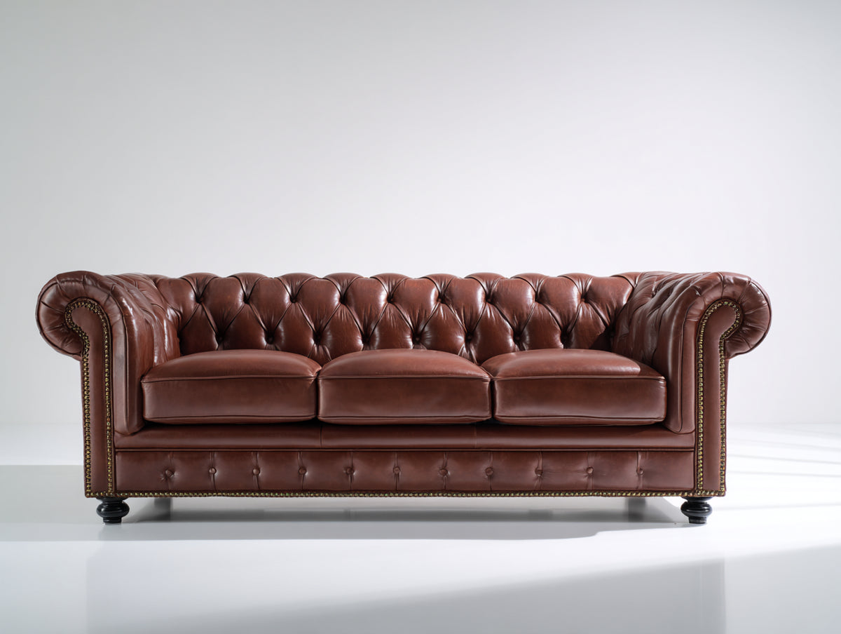 Canapé 3 places - Cuir - 220 x 94 x 79 cm - Marron acajou - Style Chesterfield classique