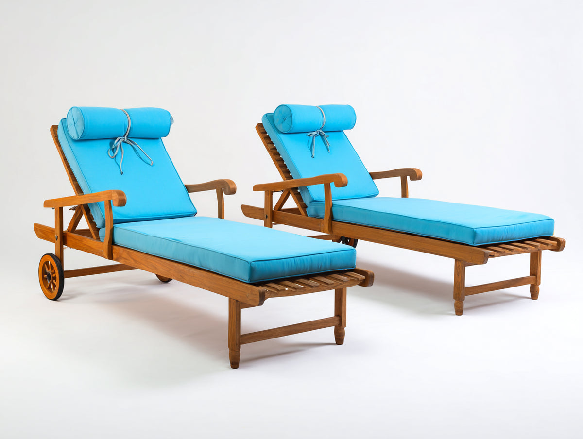 Bain de soleil - Bois-Tissu - 202 x 76 x 94 cm - Brun-Bleu azur - Traditionnel à roulettes