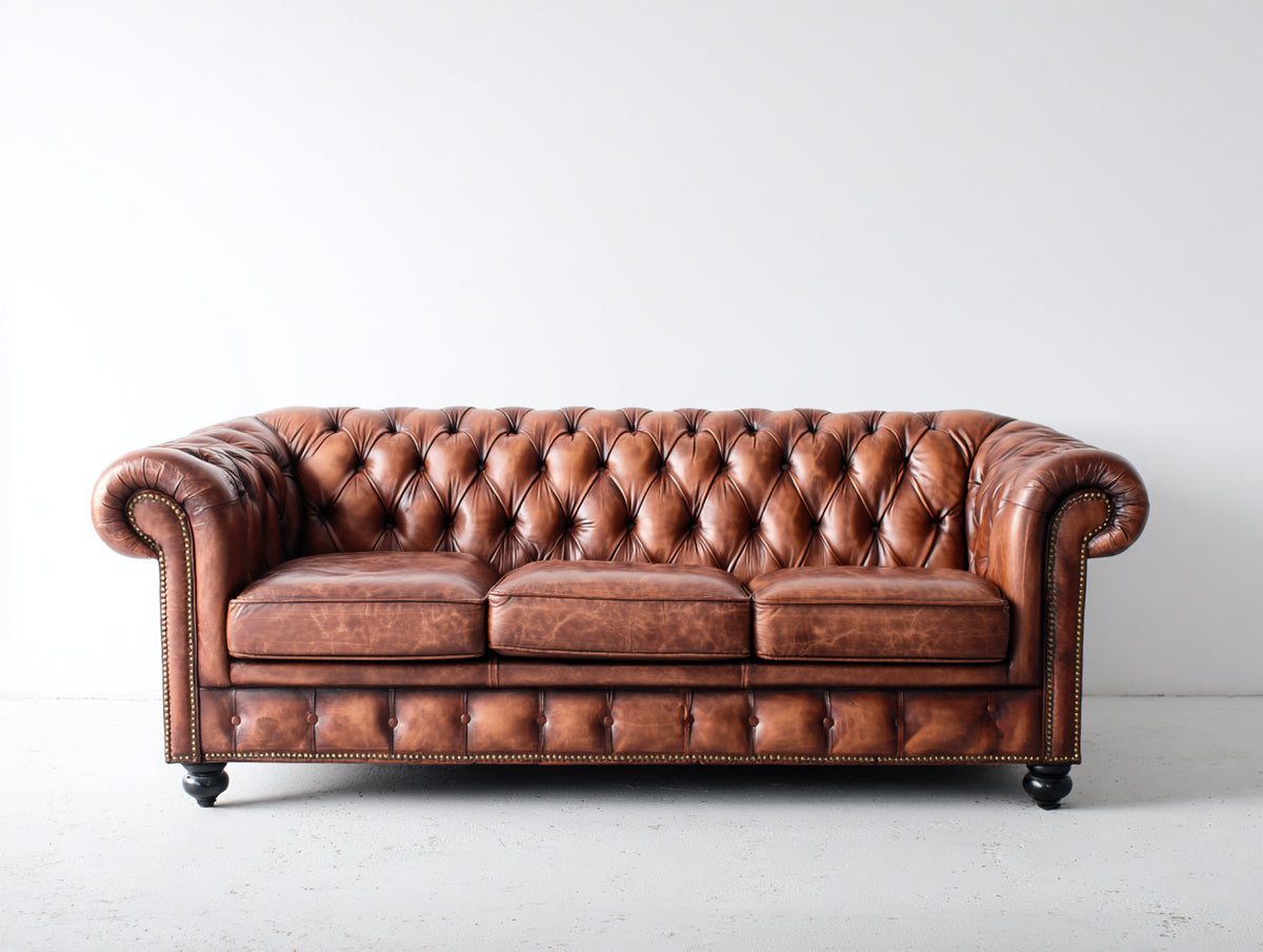 Canapé 3 places - Cuir - 218 x 95 x 80 cm - Marron cognac - Style Chesterfield vintage
