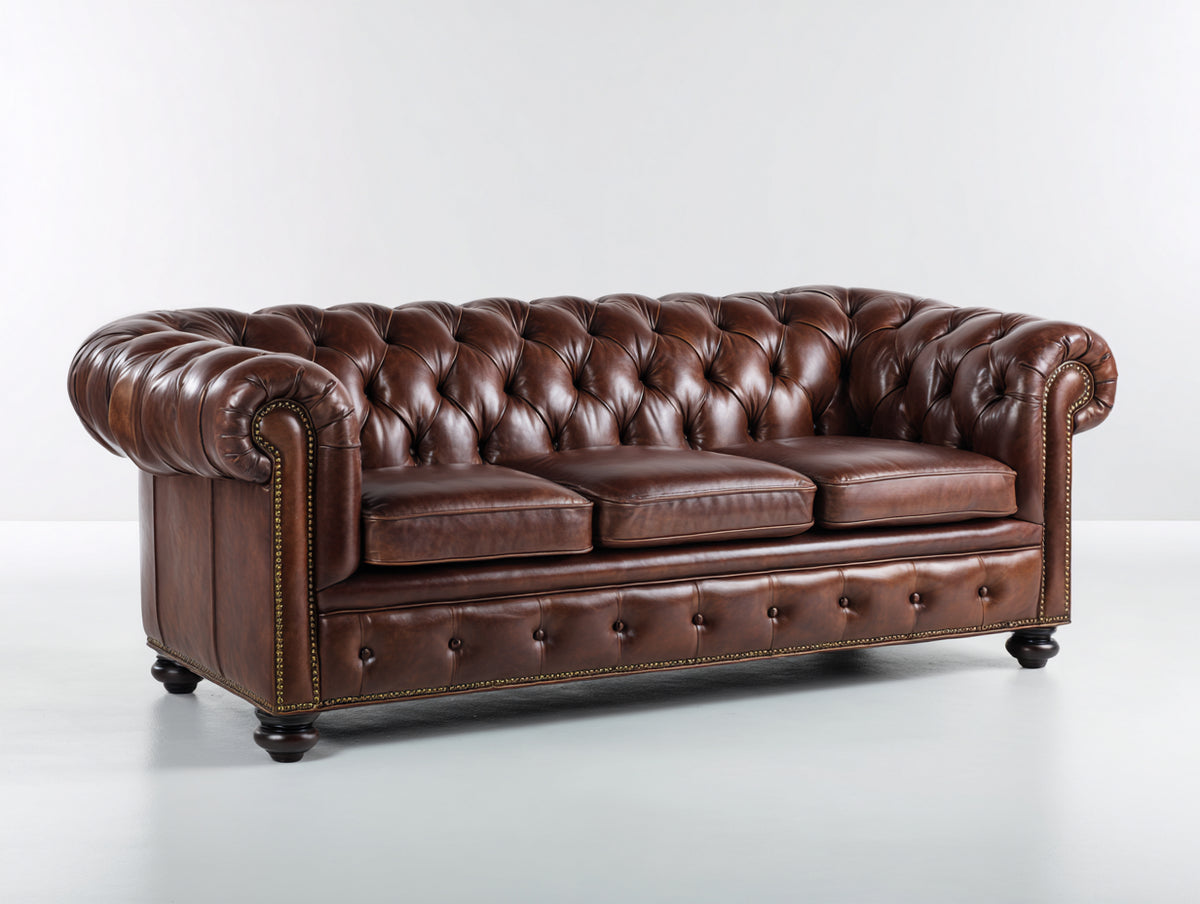 Canapé 3 places - Cuir - 223 x 98 x 81 cm - Marron foncé - Style Chesterfield traditionnel