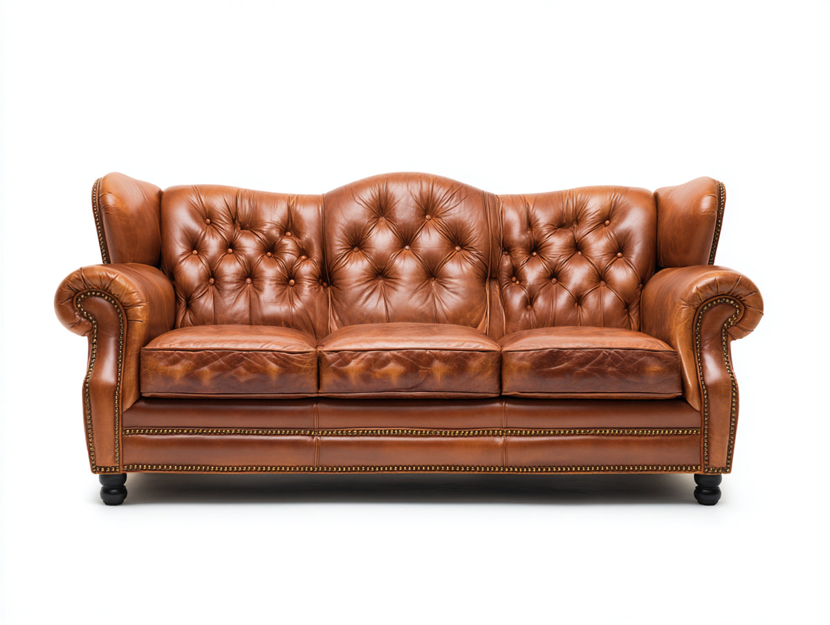 Canapé 3 places - Cuir - 216 x 96 x 94 cm - Cognac - Style classique anglais