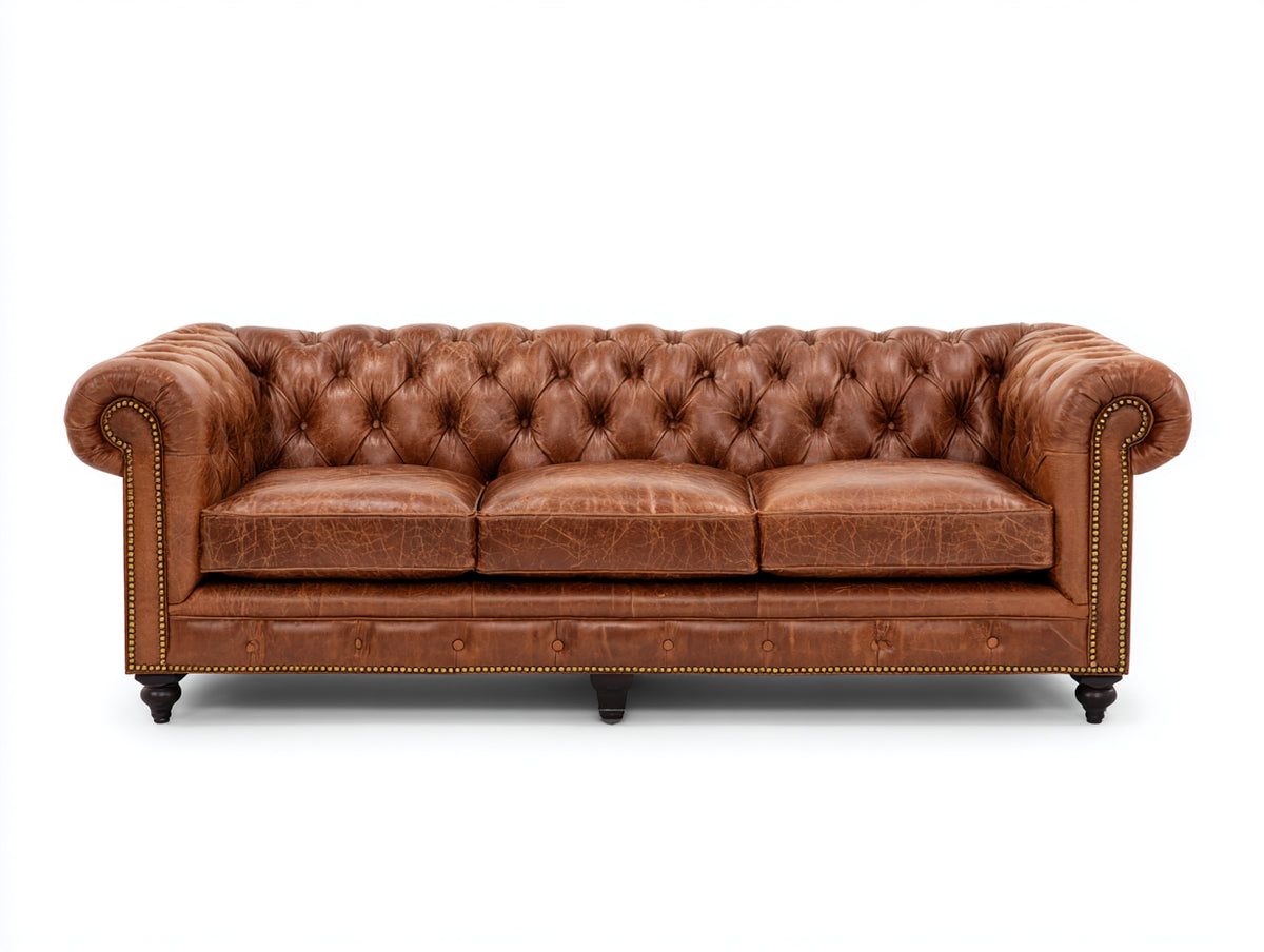 Canapé 3 places - Cuir - 219 x 91 x 77 cm - Marron - Style Chesterfield classique