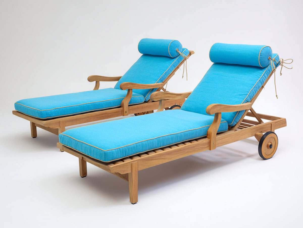 Bain de soleil - Bois-Tissu - 198 x 74 x 96 cm - Naturel-Bleu turquoise - Classique à roulettes