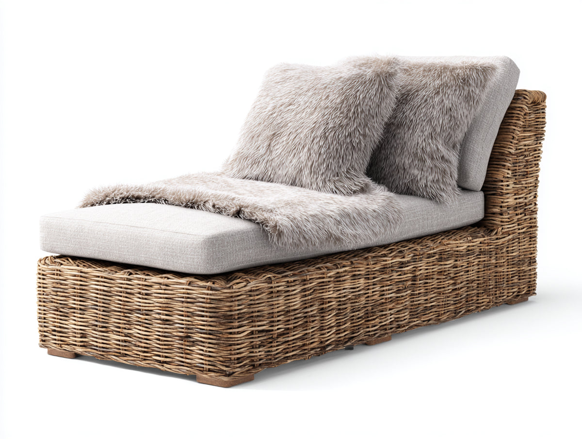 Bain de soleil - Rotin-Tissu - 174 x 80 x 84 cm - Brun naturel-Gris perle - Rustique