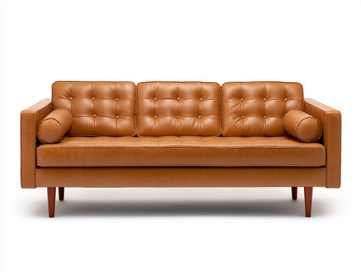 Canapé 3 places - Cuir - 205 x 86 x 79 cm - Camel - Style moderne rétro